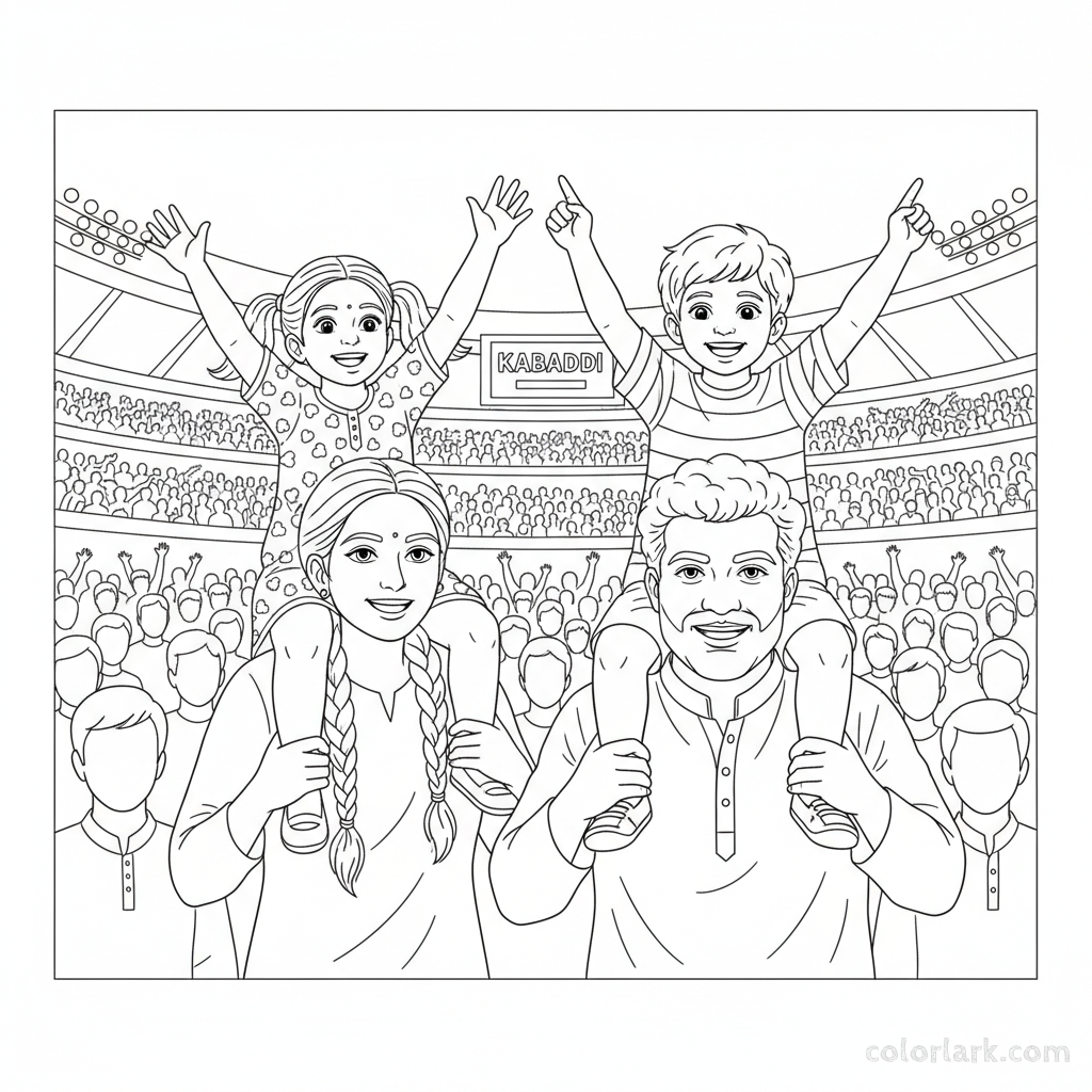 Line art of Indian children on the shoulders of adults, watching Kabaddi National Finals.