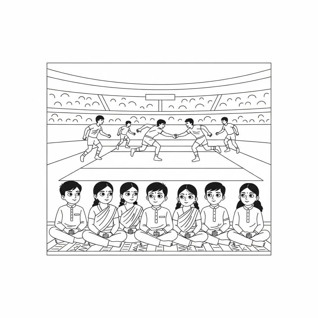 Line art of Indian children sitting cross-legged and intently watching Kabaddi National Games.