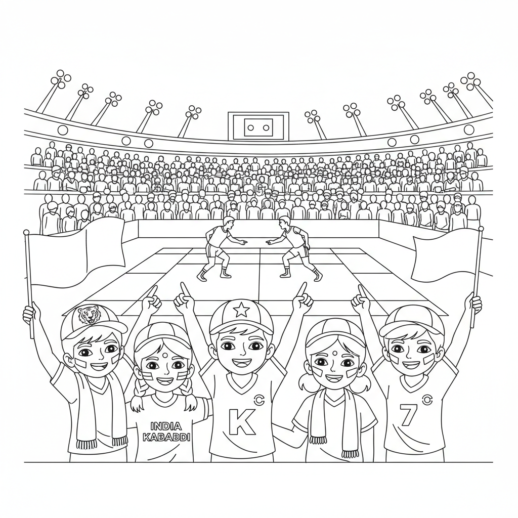 Line art of Indian children wearing implied team colors, watching a National Kabaddi League match with enthusiasm.