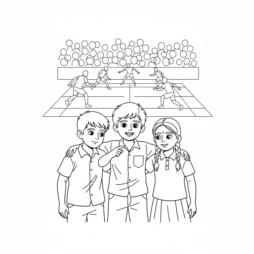 Line art of Indian children with arms around each other, watching a Kabaddi National League match.