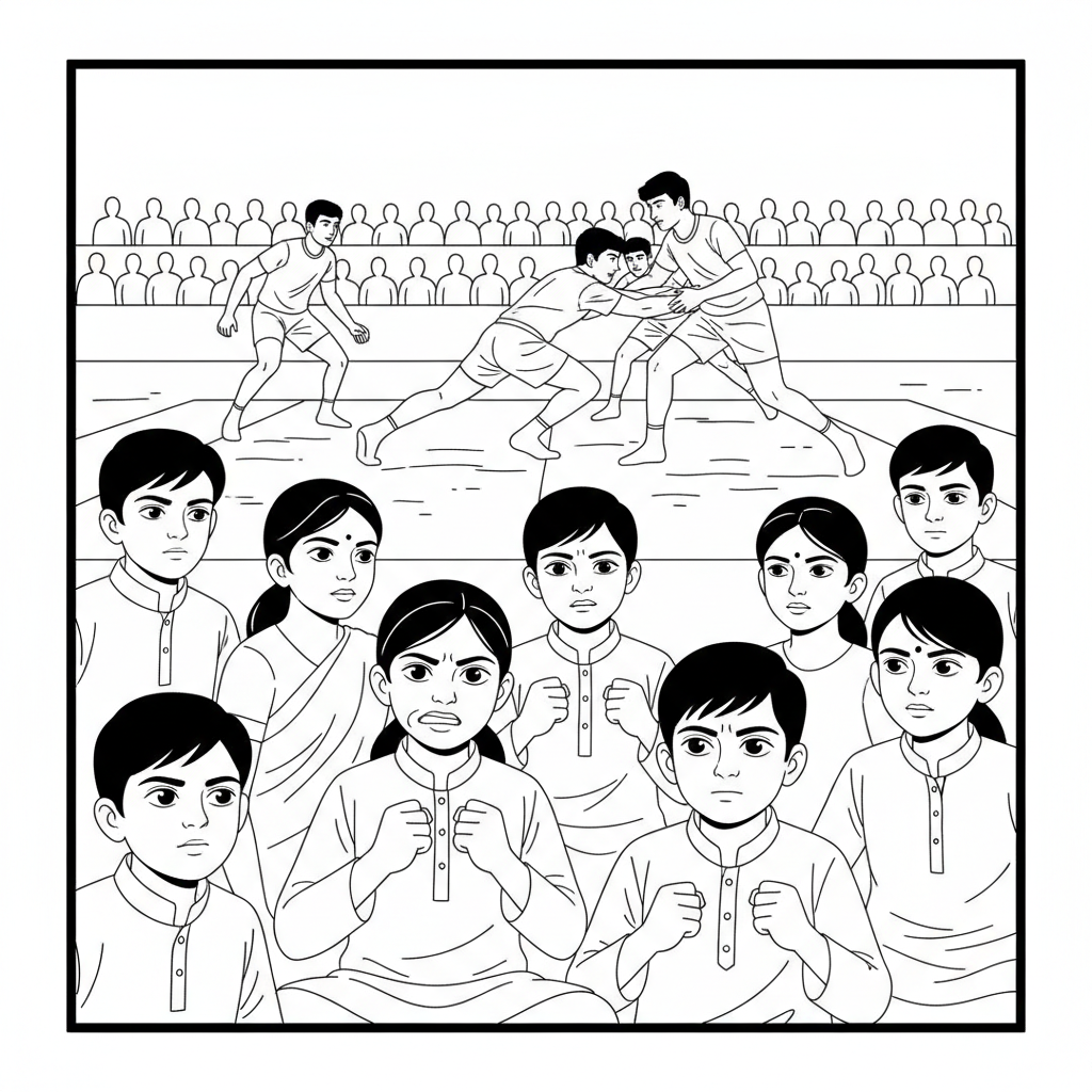 Line art of Indian children with determined and focused looks, watching a National Kabaddi Semifinals match.