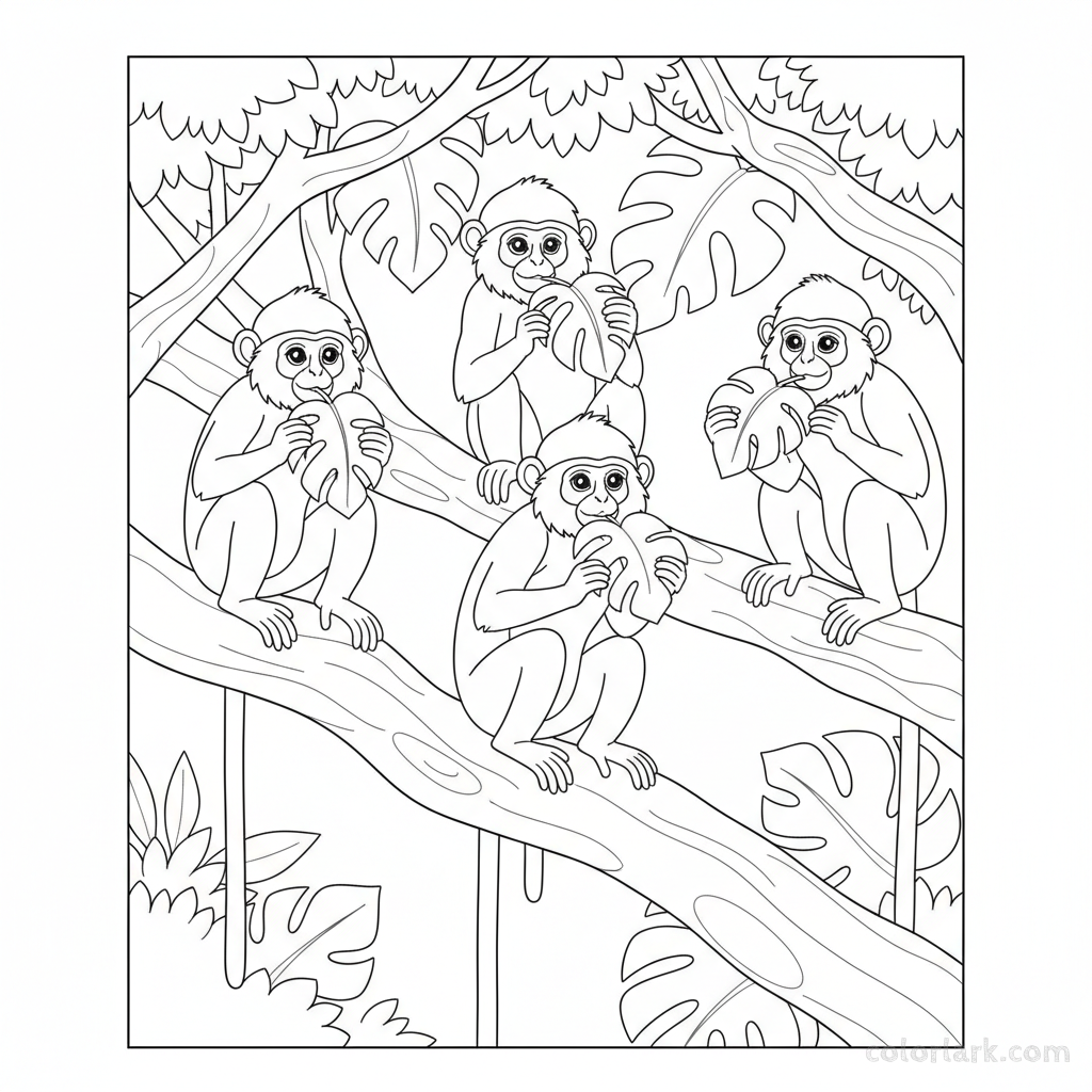 Black and white line art of Indian Langur monkeys eating leaves on tall trees