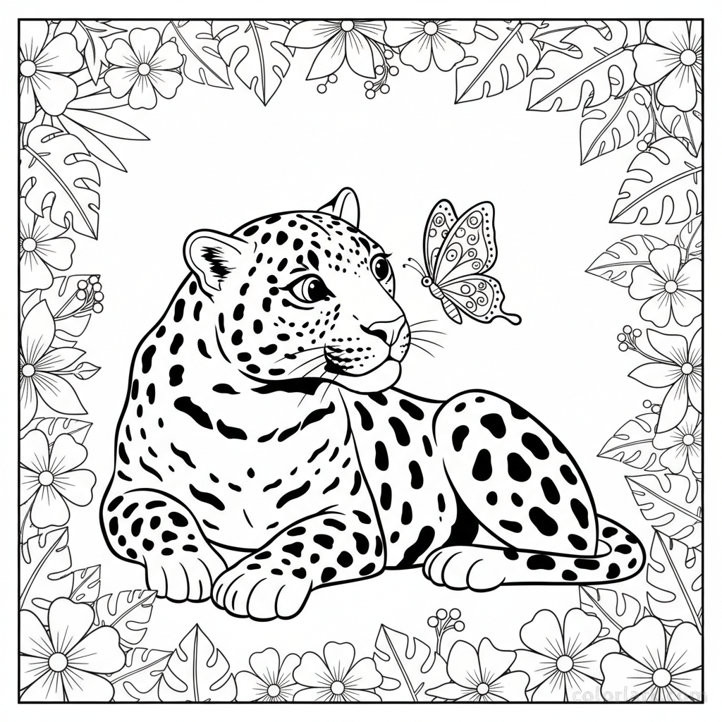 Indian Leopard and Butterfly Jungle Coloring Page