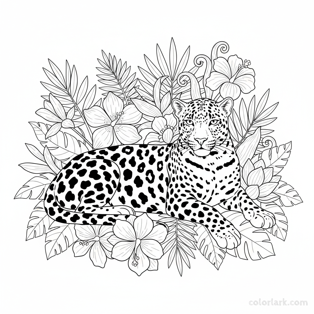Indian Leopard and exotic jungle flowers free printable coloring page for kids and adults.