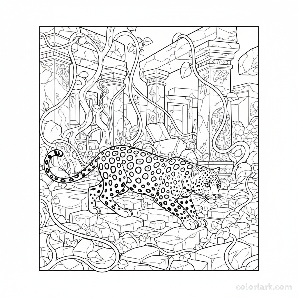 Indian Leopard exploring ancient ruins coloring page - free printable.