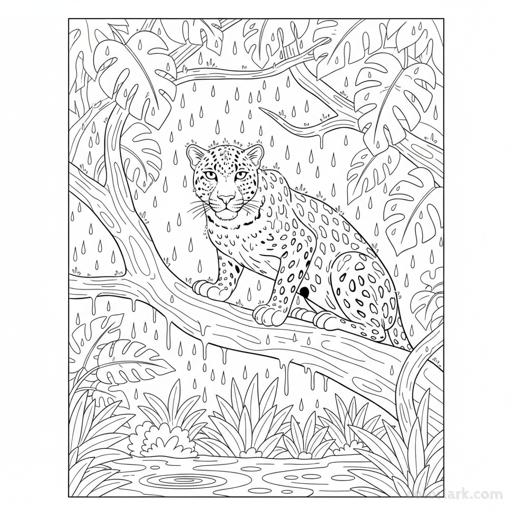 Free printable Indian Leopard in rain-soaked jungle line art coloring page.