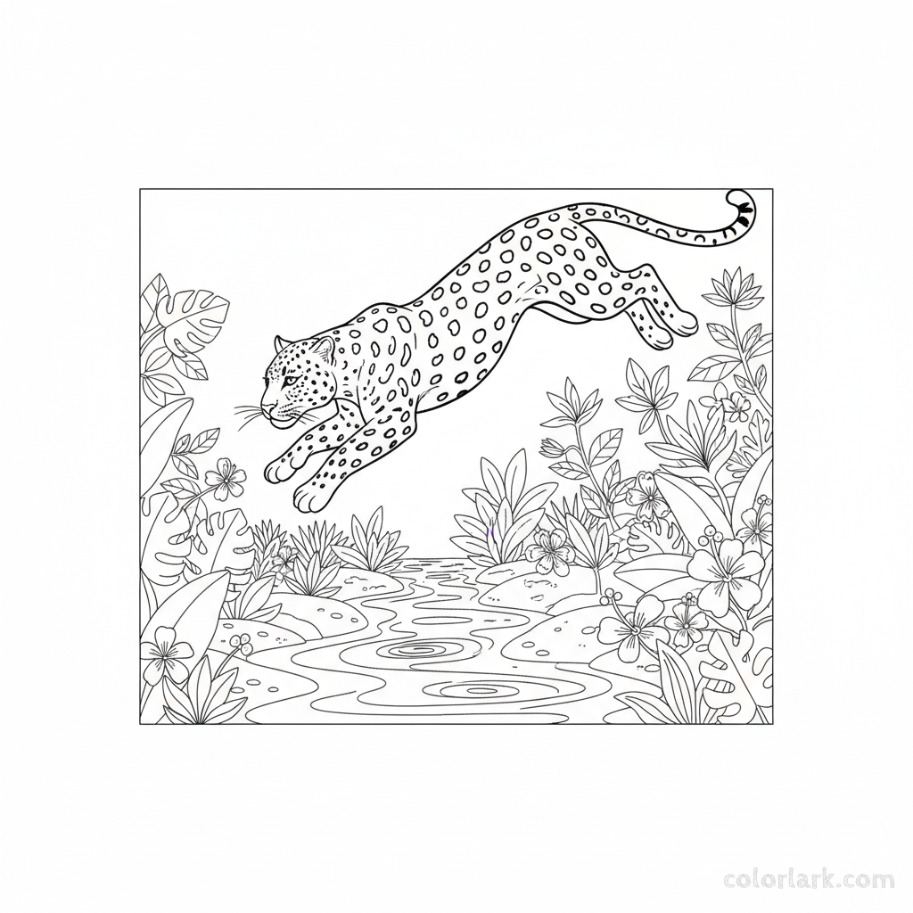 Indian Leopard jumping over a jungle stream coloring page