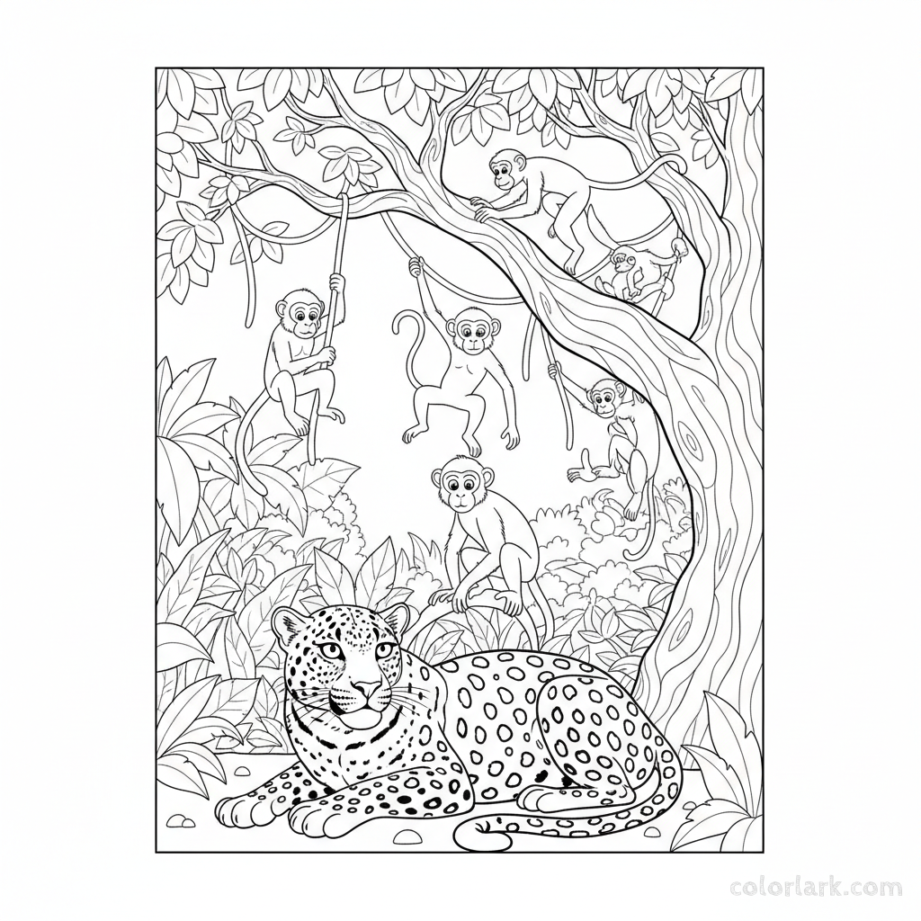 Indian Leopard watching monkeys coloring page for kids