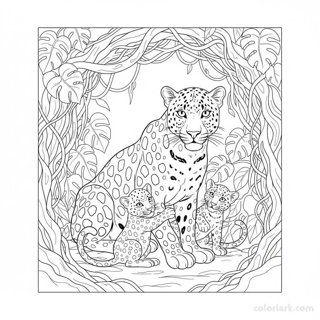 Indian Leopard protecting cubs in jungle den coloring page