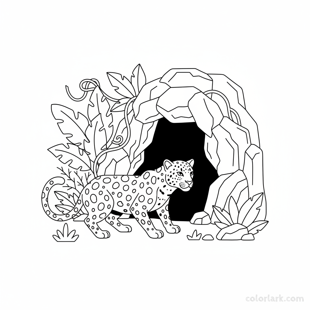 Indian Leopard coloring page near rocky cave entrance