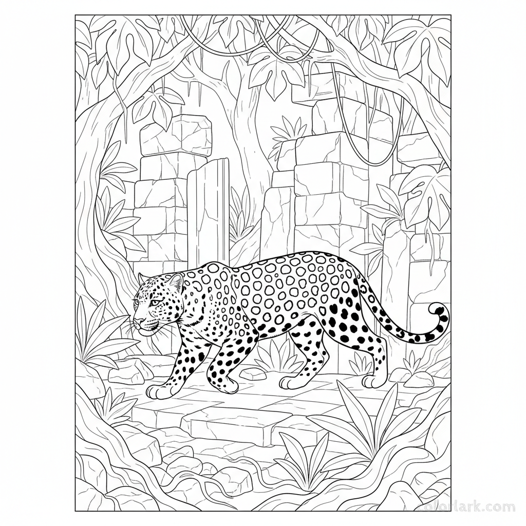 Indian Leopard on ancient stone ruins coloring page