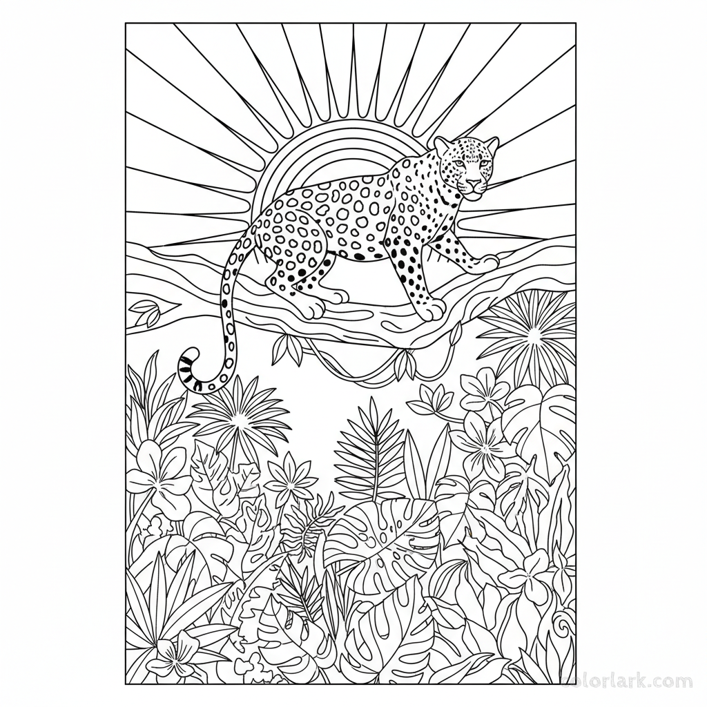 Indian leopard silhouette in a vibrant jungle sunrise coloring page.