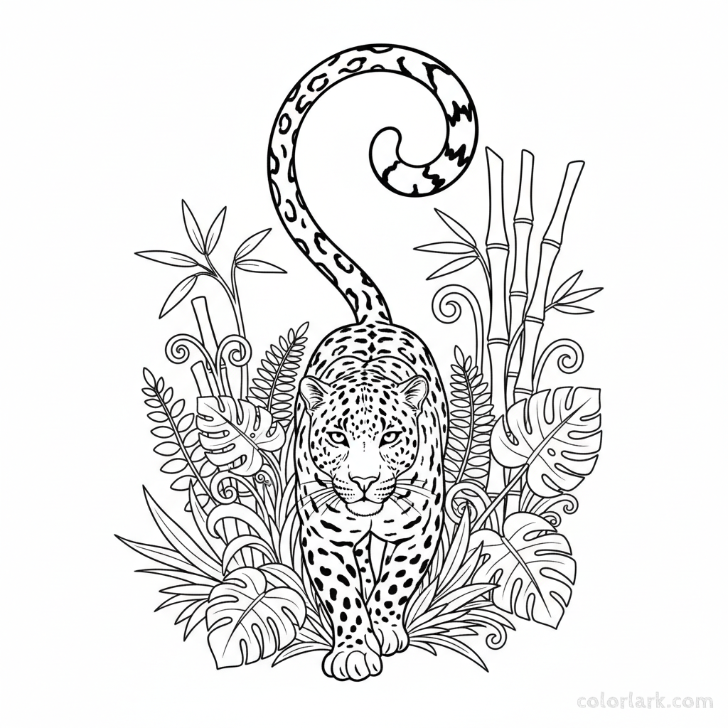 Free printable Indian leopard coloring page with a long, swishing tail.