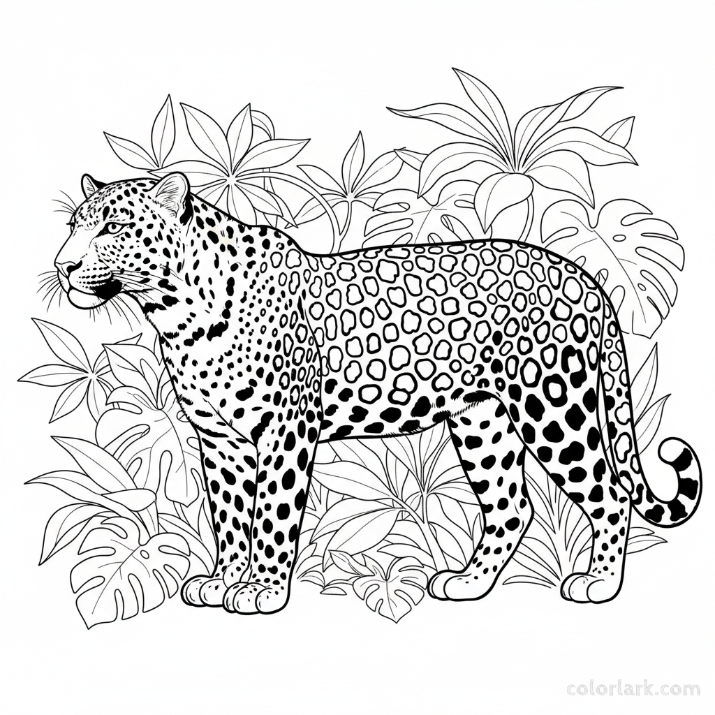 Indian Leopard coloring page with detailed spotted fur patterns in a jungle scene.