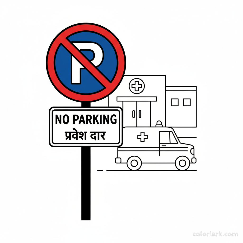 Coloring page of an Indian No Parking sign near a hospital entrance.