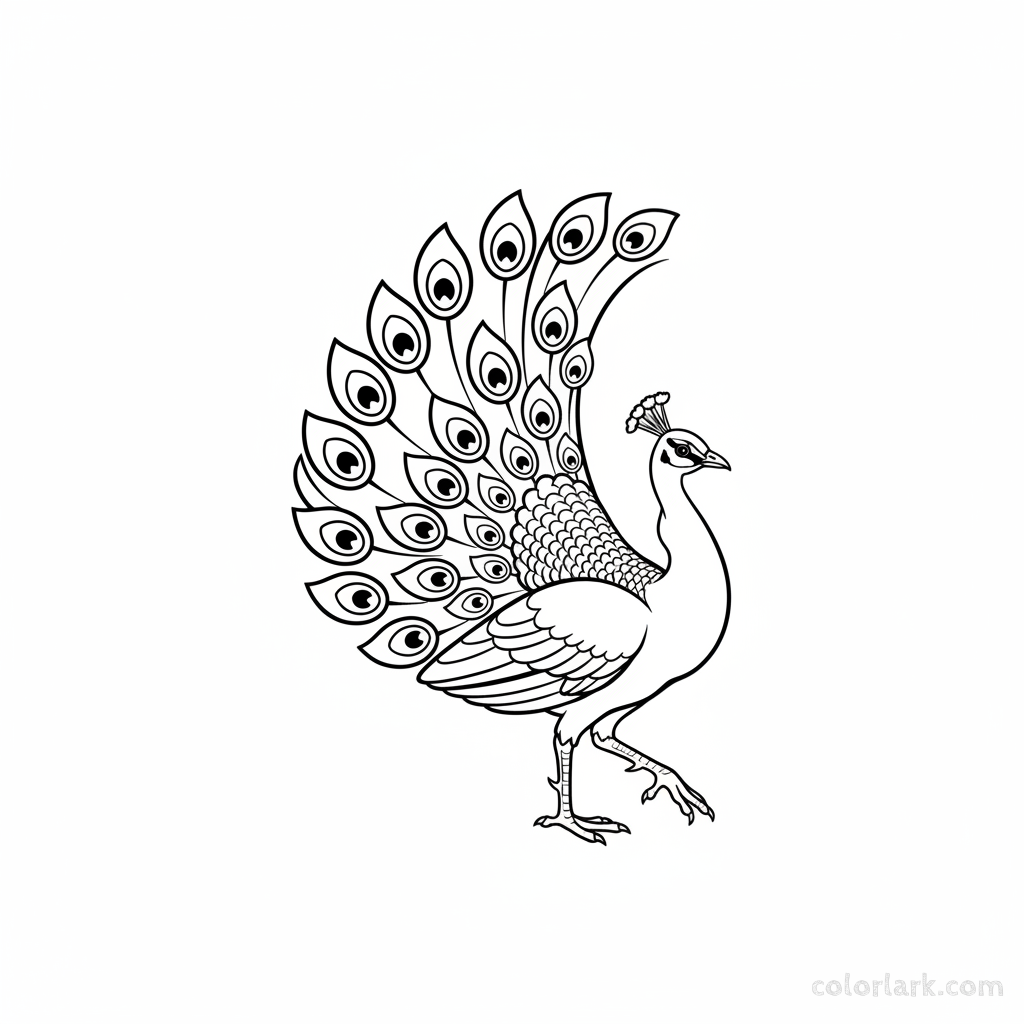 Black and white line art coloring page of an Indian peafowl (peacock) strutting with its tail feathers fanned.
