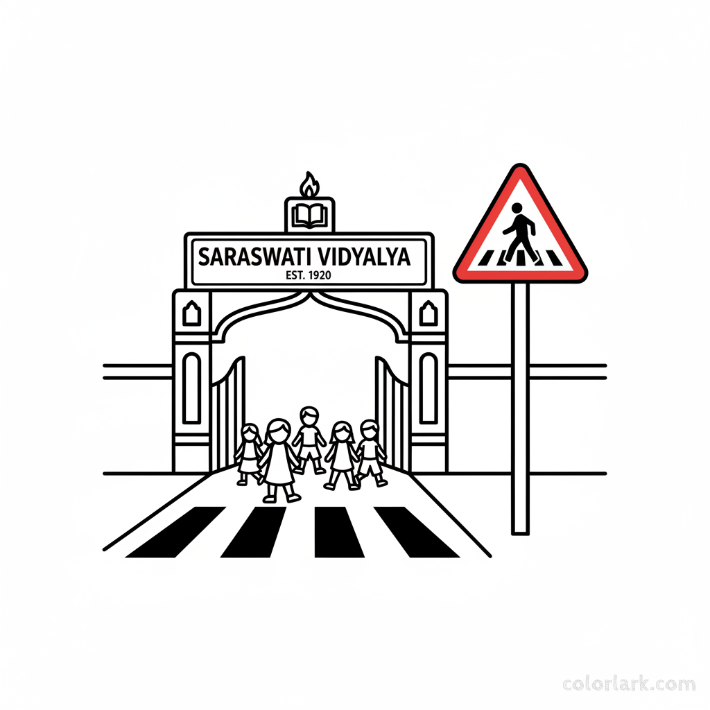 Black and white line art of an Indian pedestrian crossing warning sign at a school gate with children.