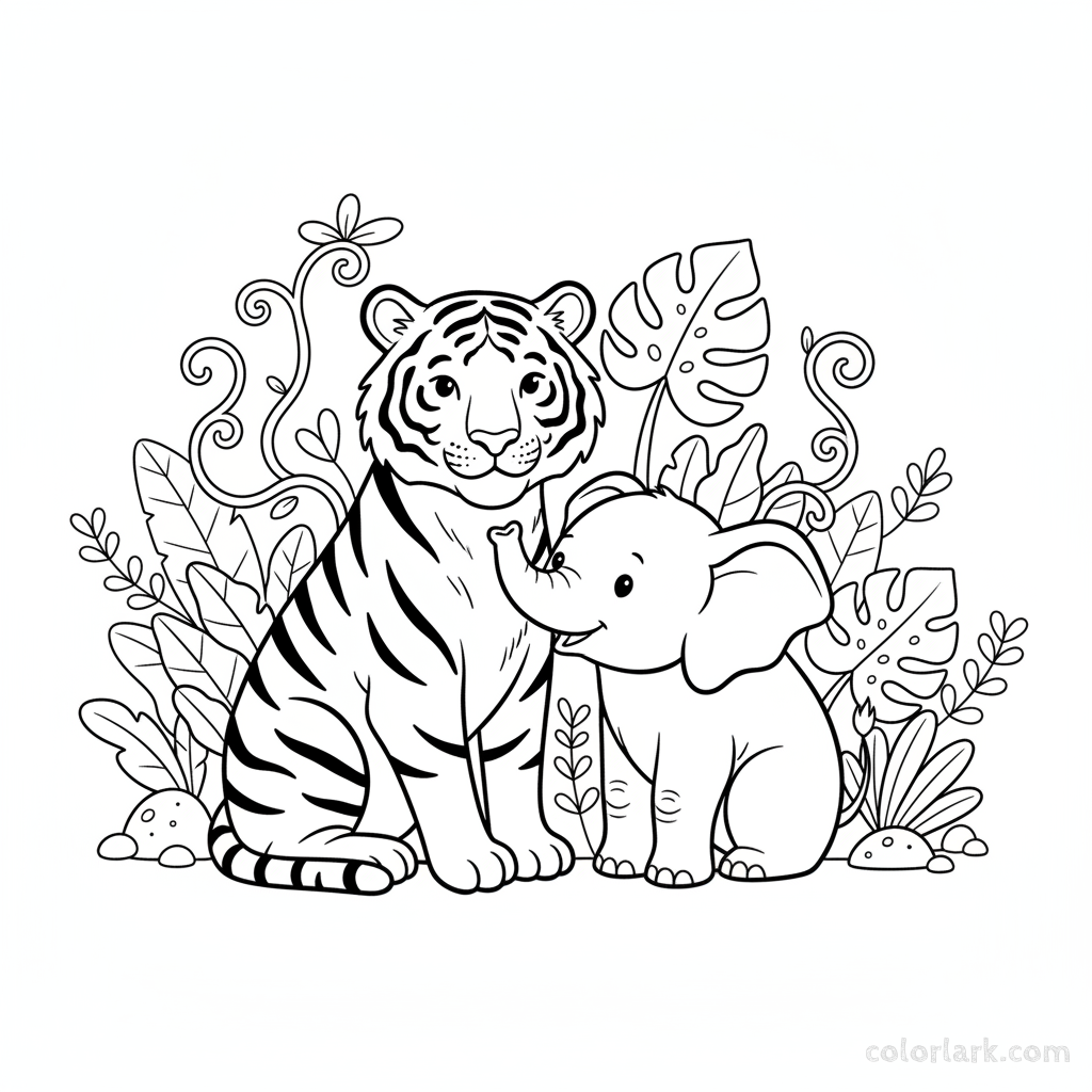 Indian tiger and elephant friends jungle coloring page