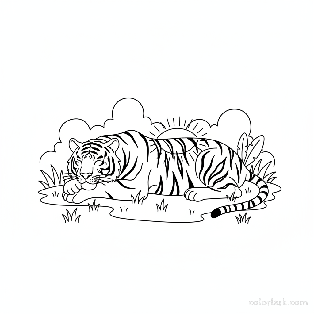 Free printable Indian tiger basking in sunlight on grassy bank coloring page.