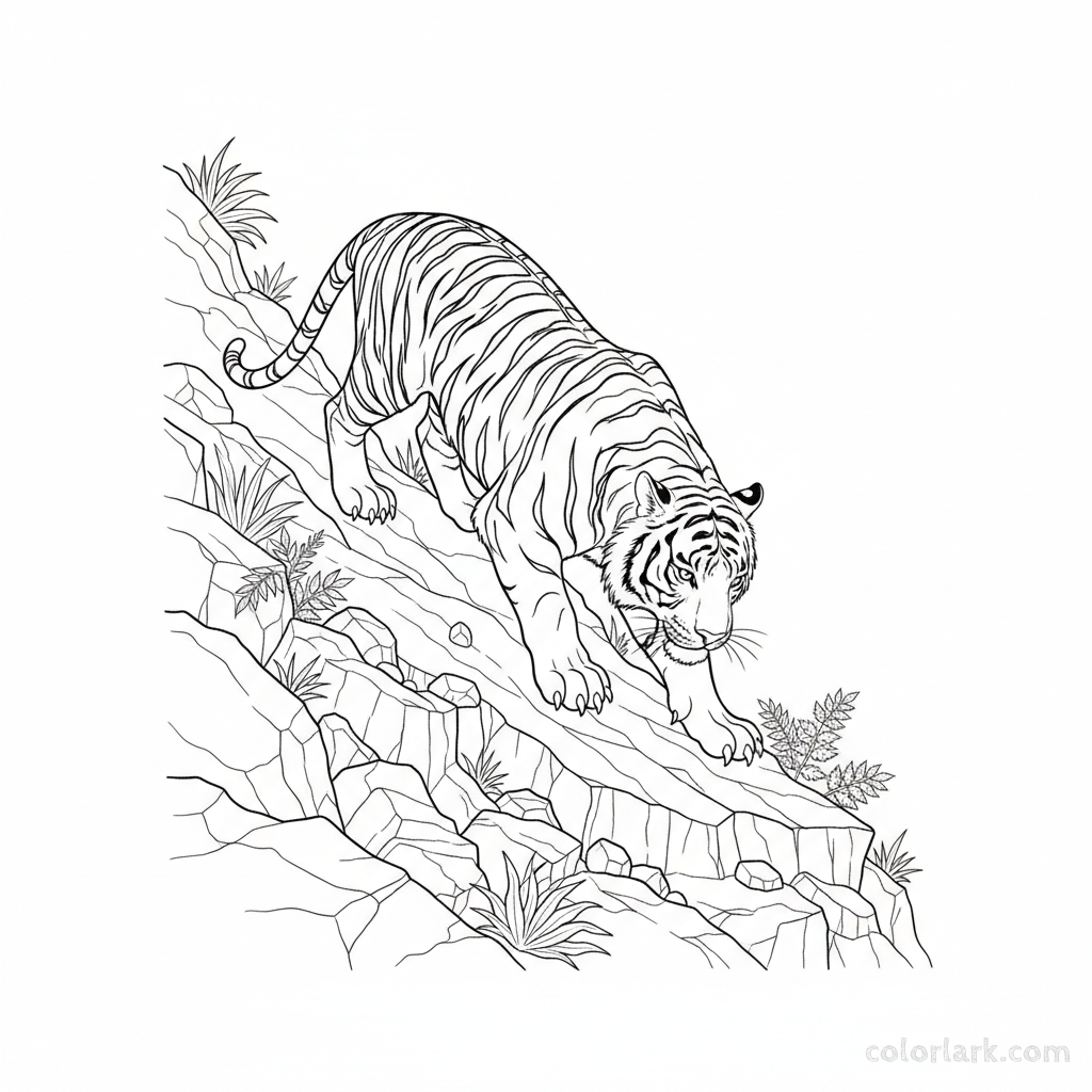 Indian tiger coloring page: Bengal tiger descending rocky hill.