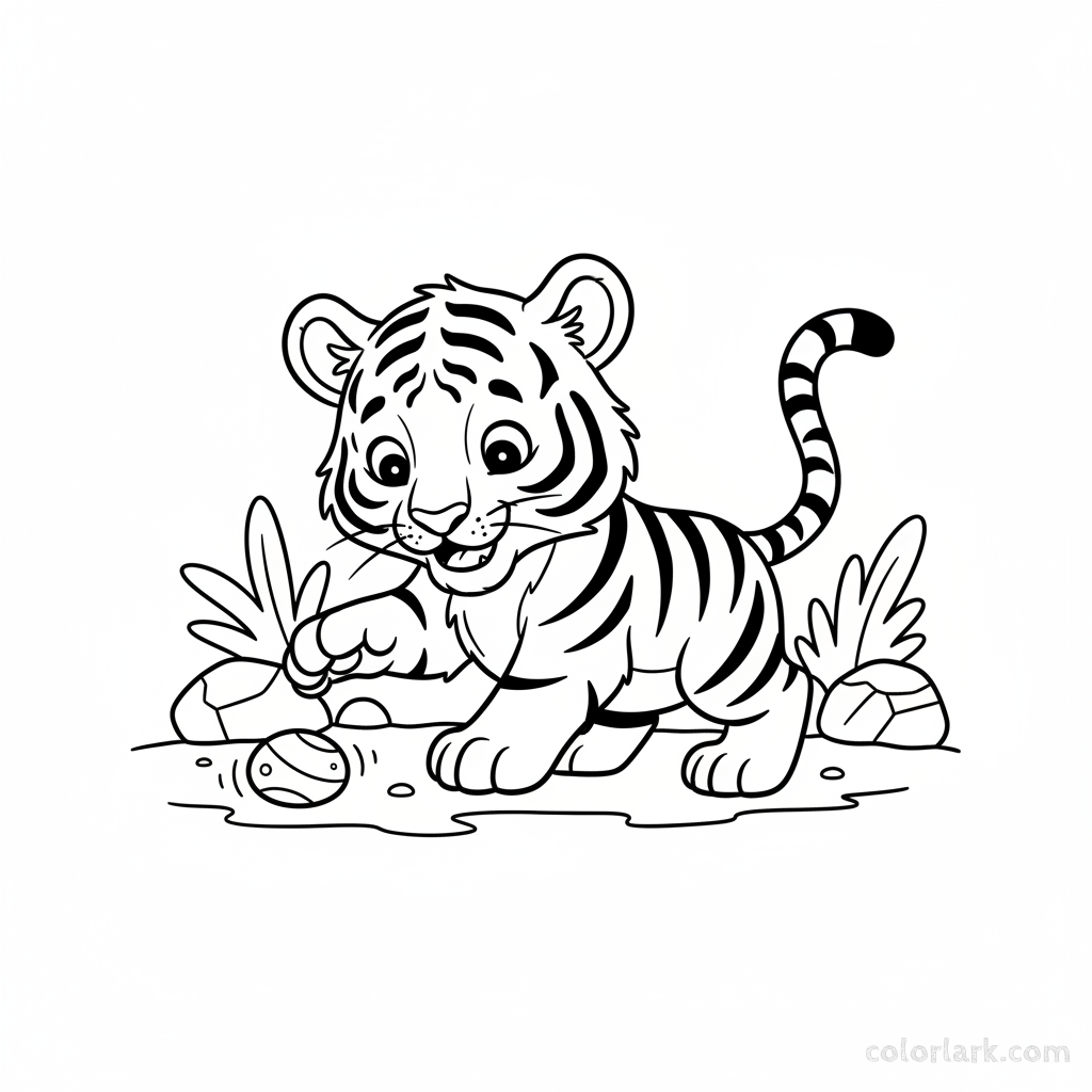 Indian tiger cub playing with a rolling stone coloring page