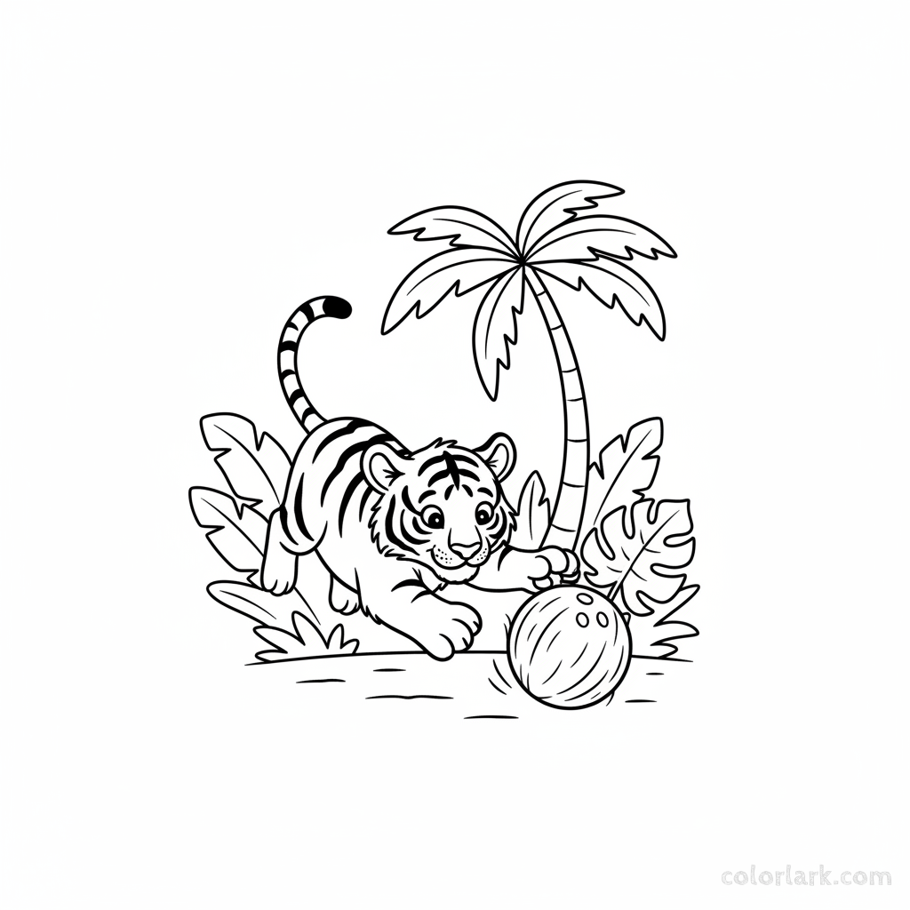 Indian tiger cub pouncing on a rolling coconut free printable coloring page.