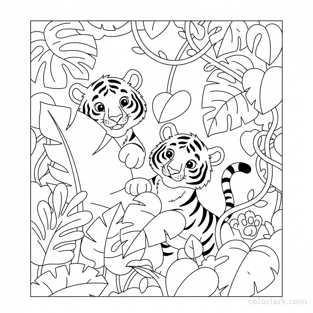 Indian Tiger Cubs Playing Hide-and-Seek Coloring Page - Free Printable