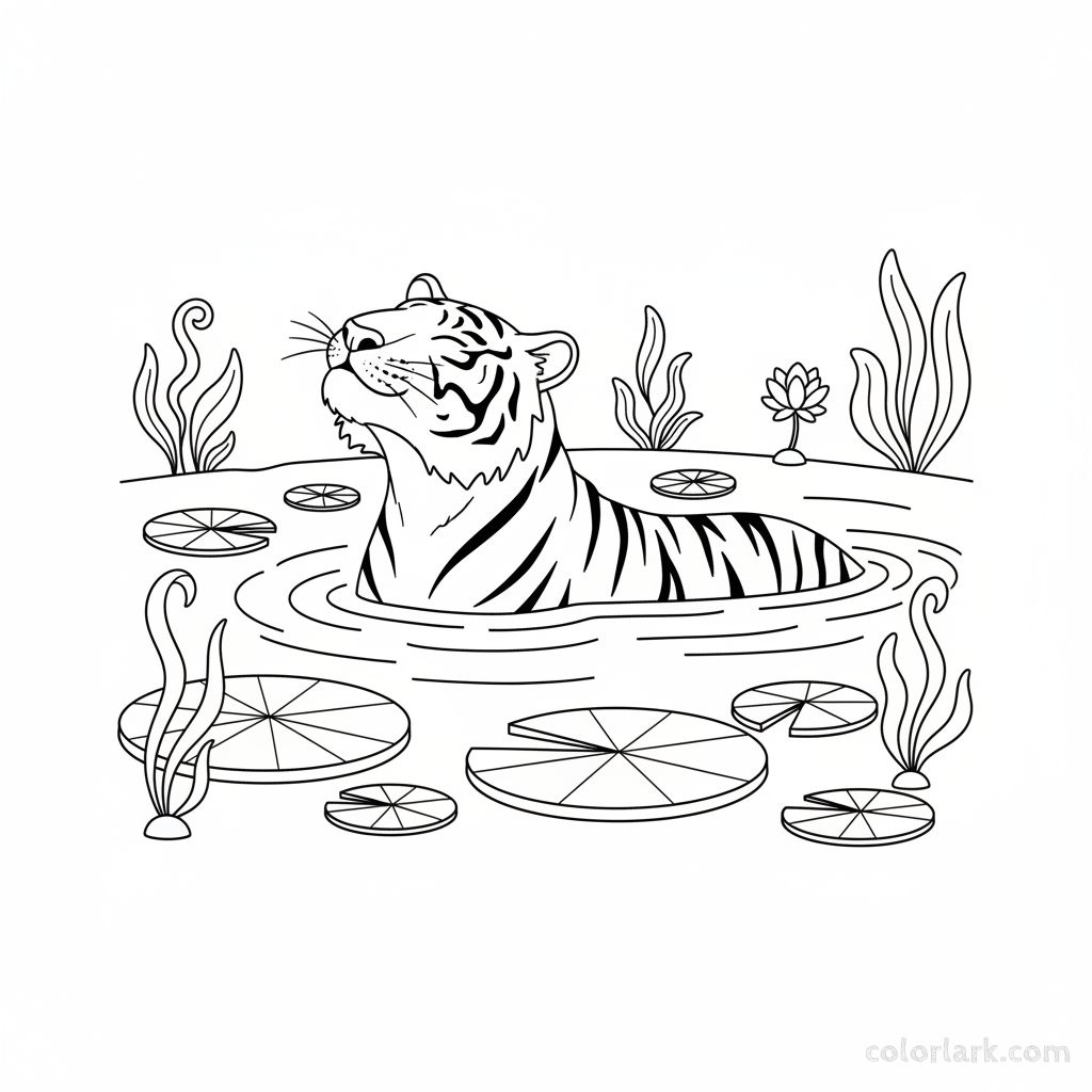 Indian tiger cooling off in a jungle pond coloring page