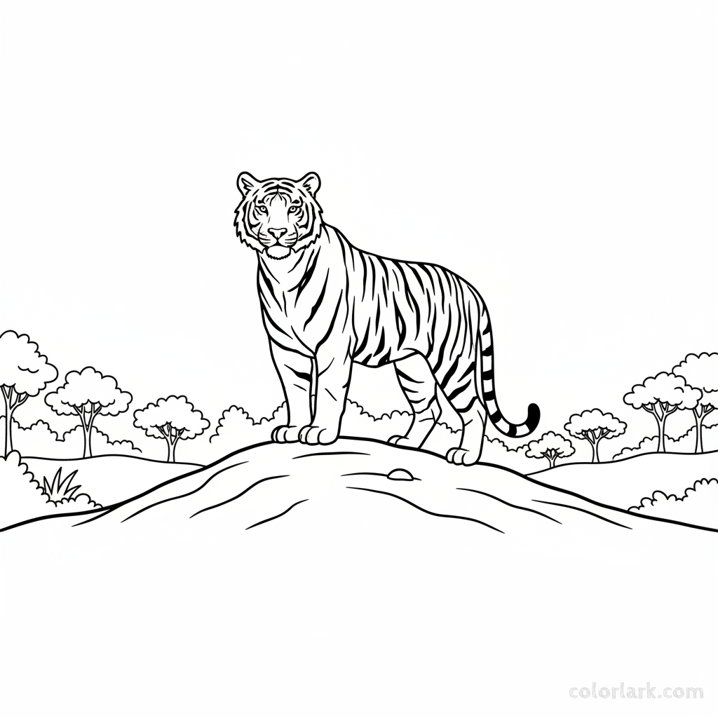 Coloring page of an Indian tiger guarding its territory on a hilltop.