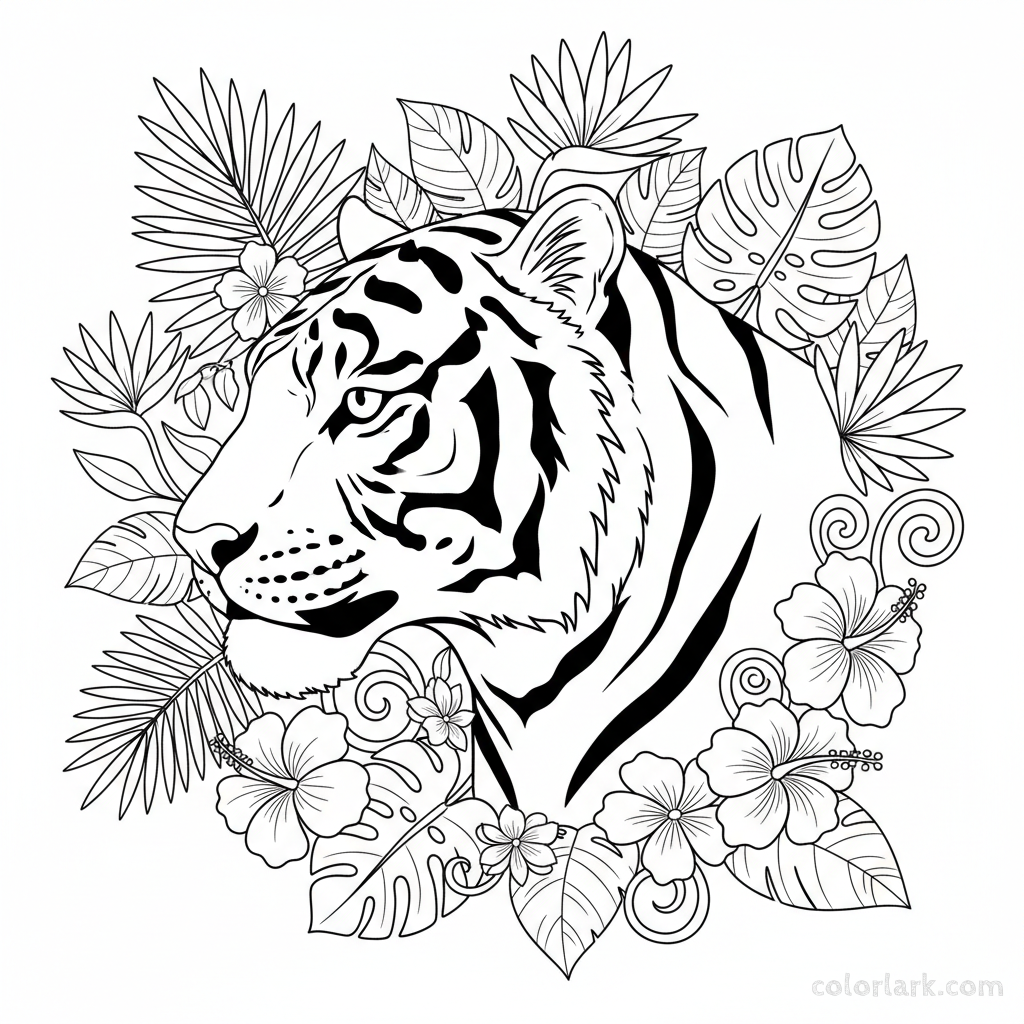 Indian Tiger head profile with jungle background coloring page.