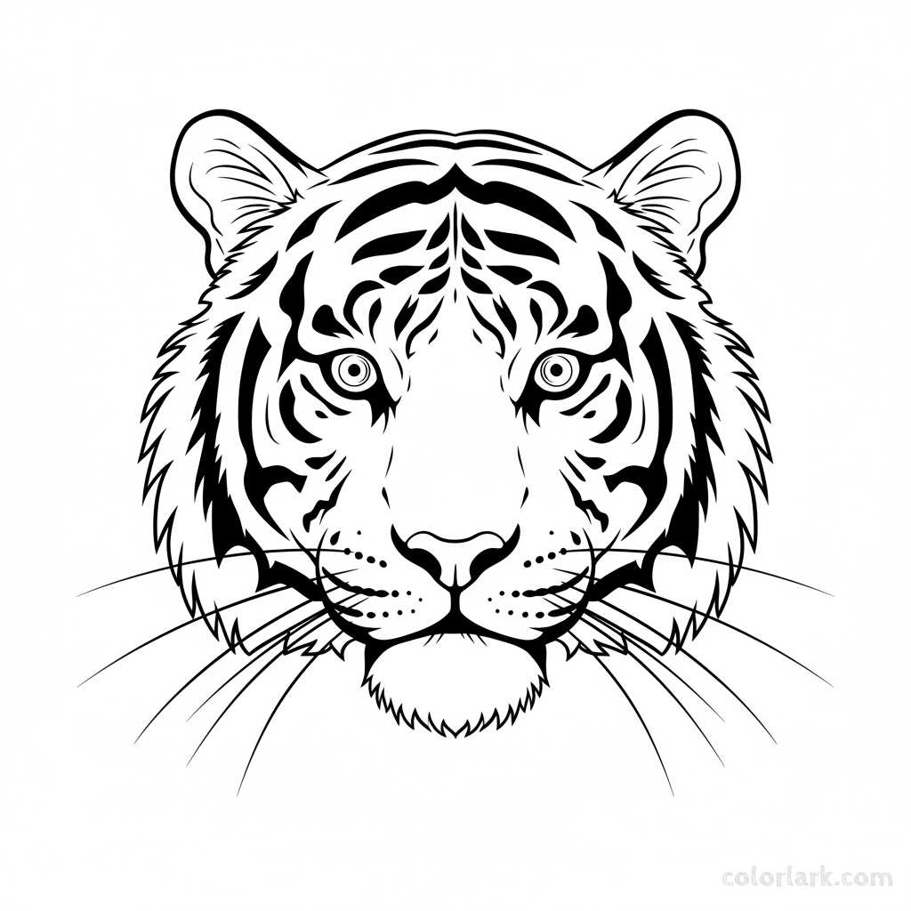 Indian Tiger portrait coloring page, direct stare, majestic.