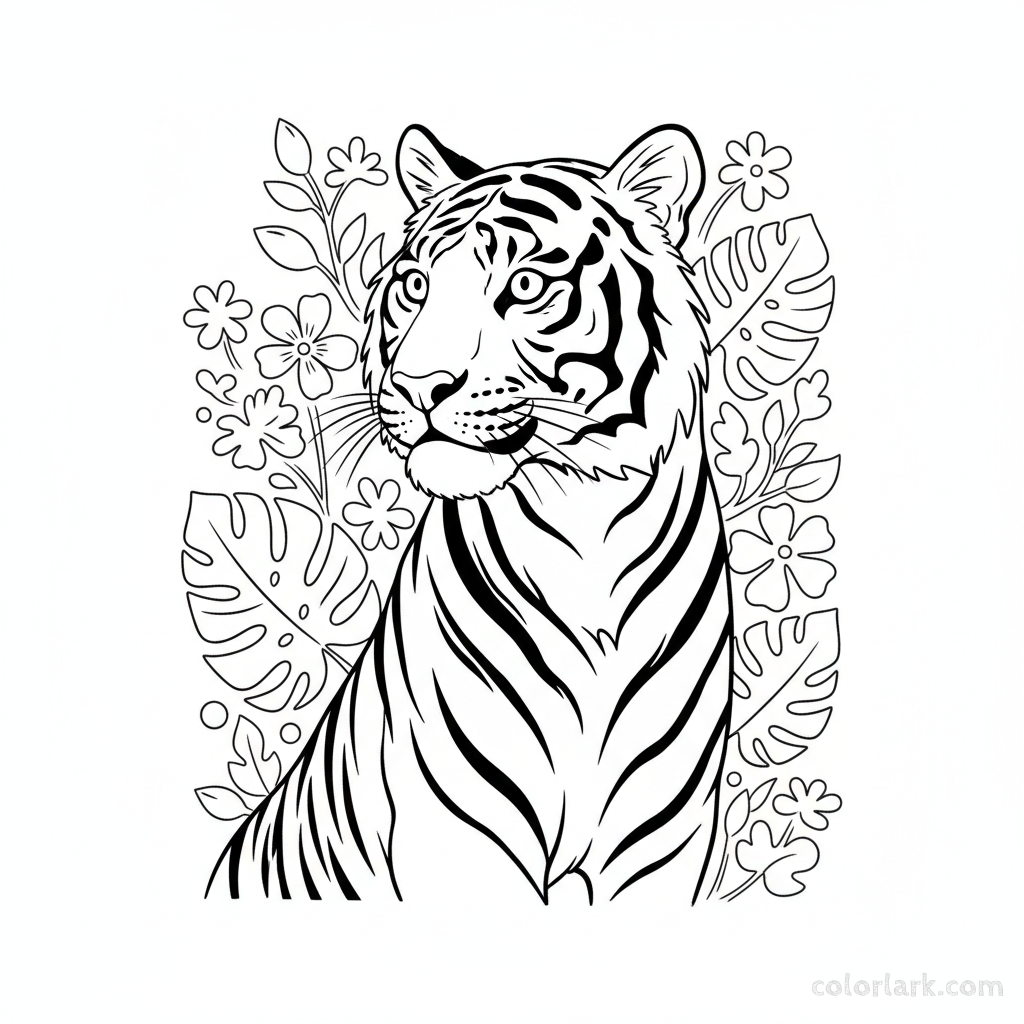 Free printable Indian tiger coloring page, majestic big cat looking over shoulder.