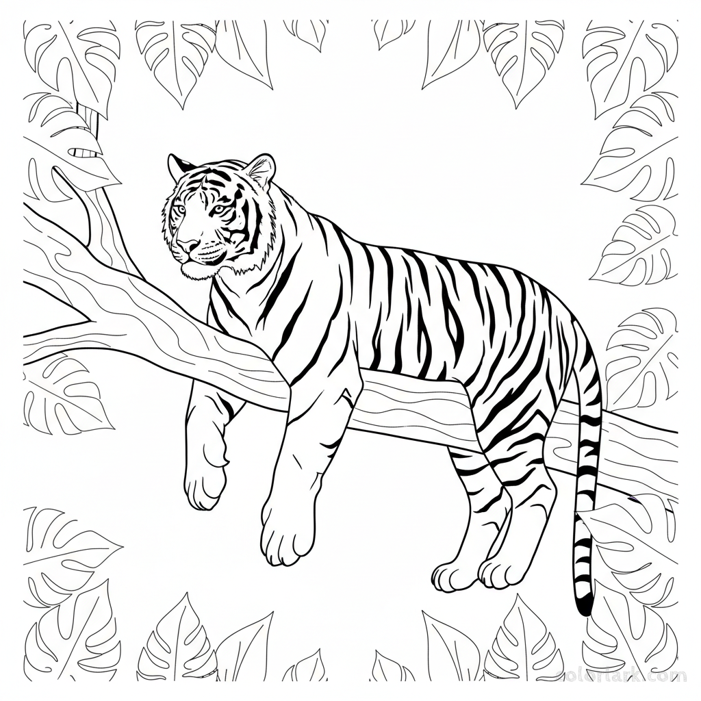 Indian tiger lounging on tree branch coloring page