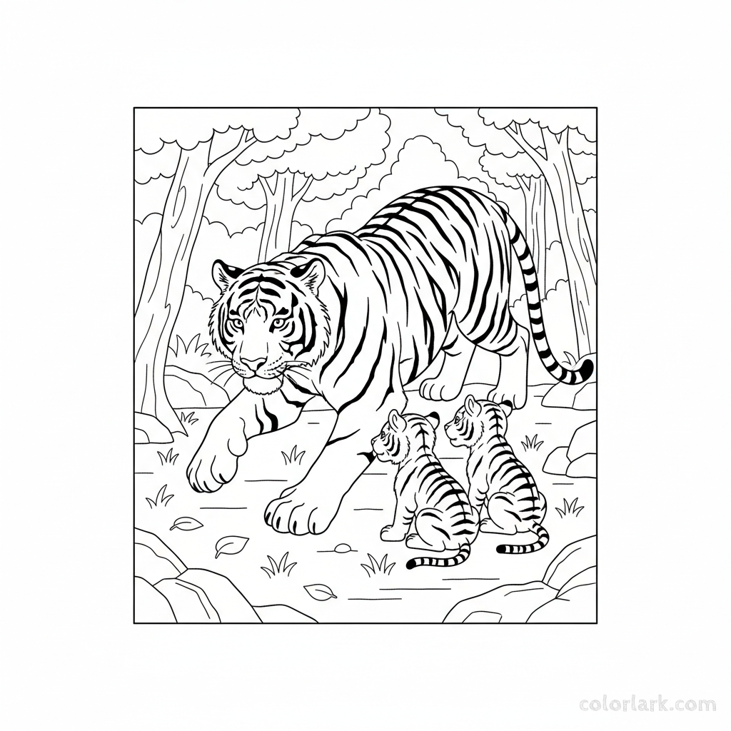 Free printable Indian tiger mother teaching cubs to hunt coloring page.