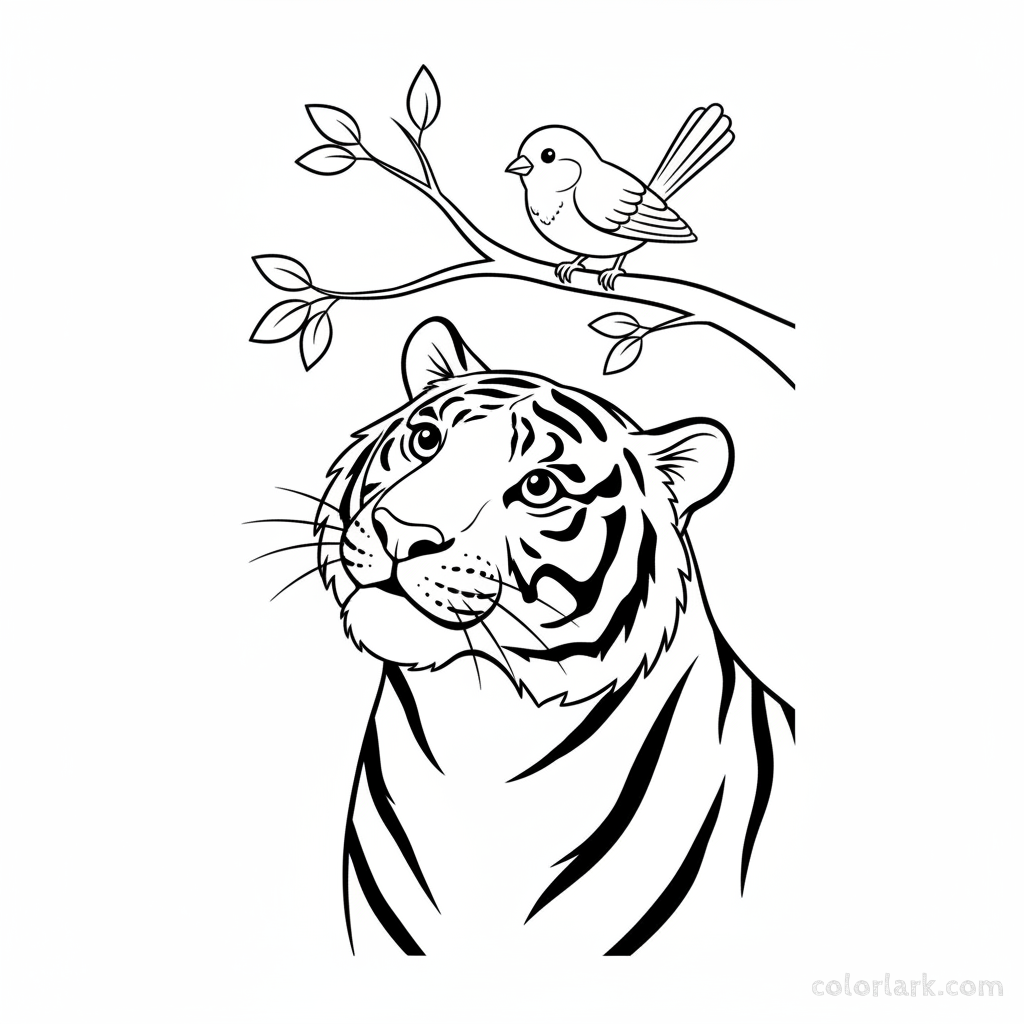 Indian tiger watching a bird on a branch coloring page