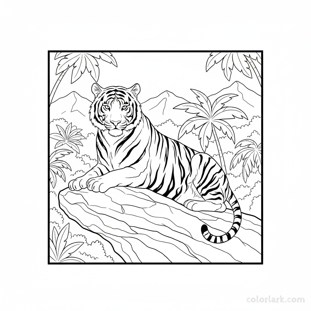 Majestic Indian tiger on rock ledge free printable coloring page