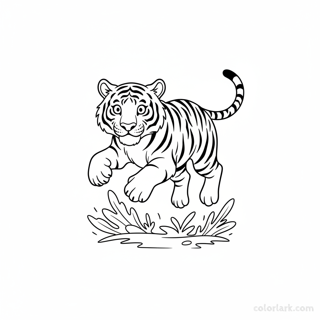 Free printable Indian Tiger coloring page, tiger pouncing playfully.
