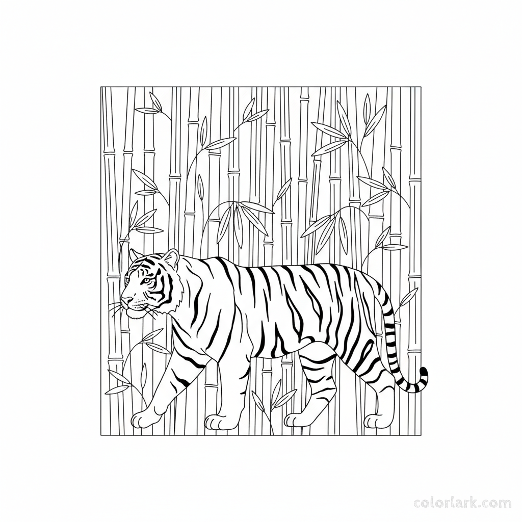 Indian Tiger Prowling Bamboo Forest Free Printable Coloring Page