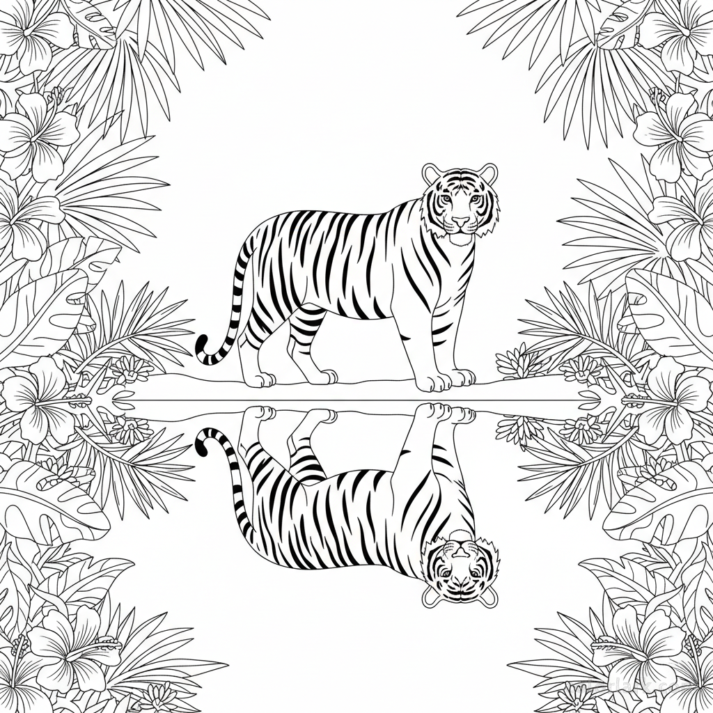 Indian Tiger reflected in still jungle water coloring page