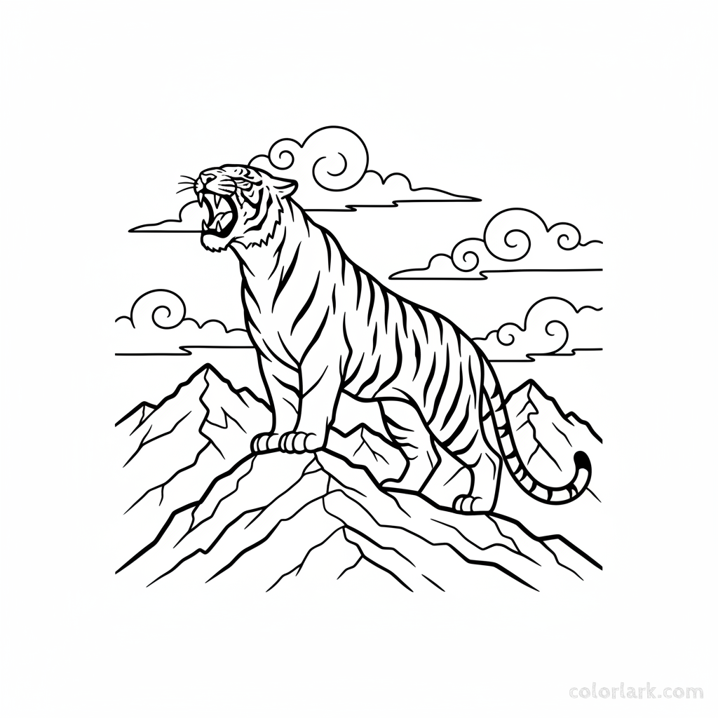 Free printable Indian Tiger roaring on a mountaintop coloring page.