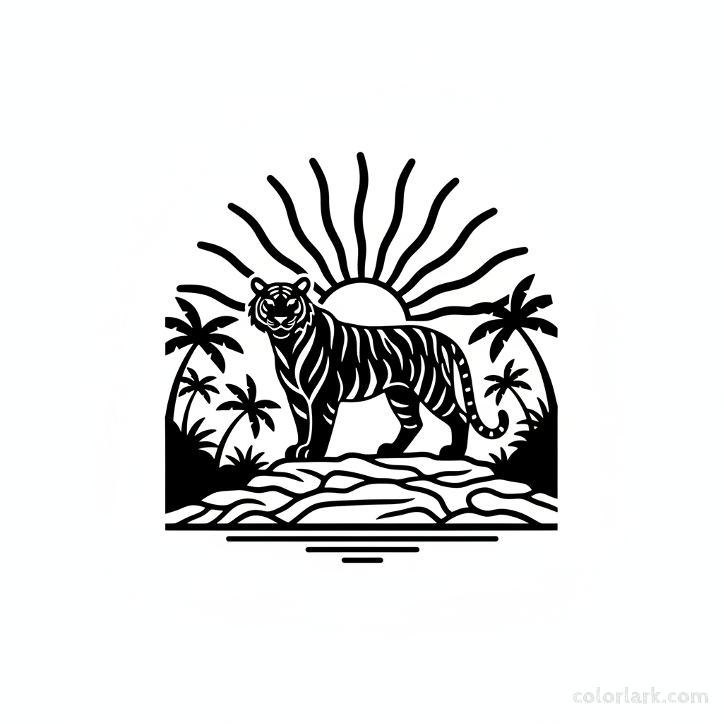 Indian Tiger silhouetted against a jungle sunset coloring page for kids and adults.