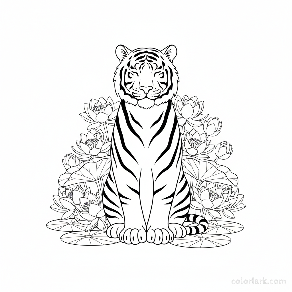 Indian tiger sitting calmly among lotus flowers coloring page