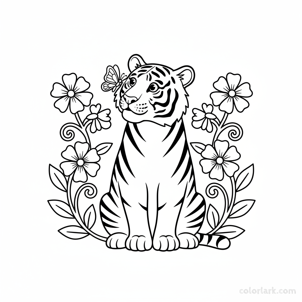 Indian tiger sitting with a butterfly on its nose, free printable coloring page.
