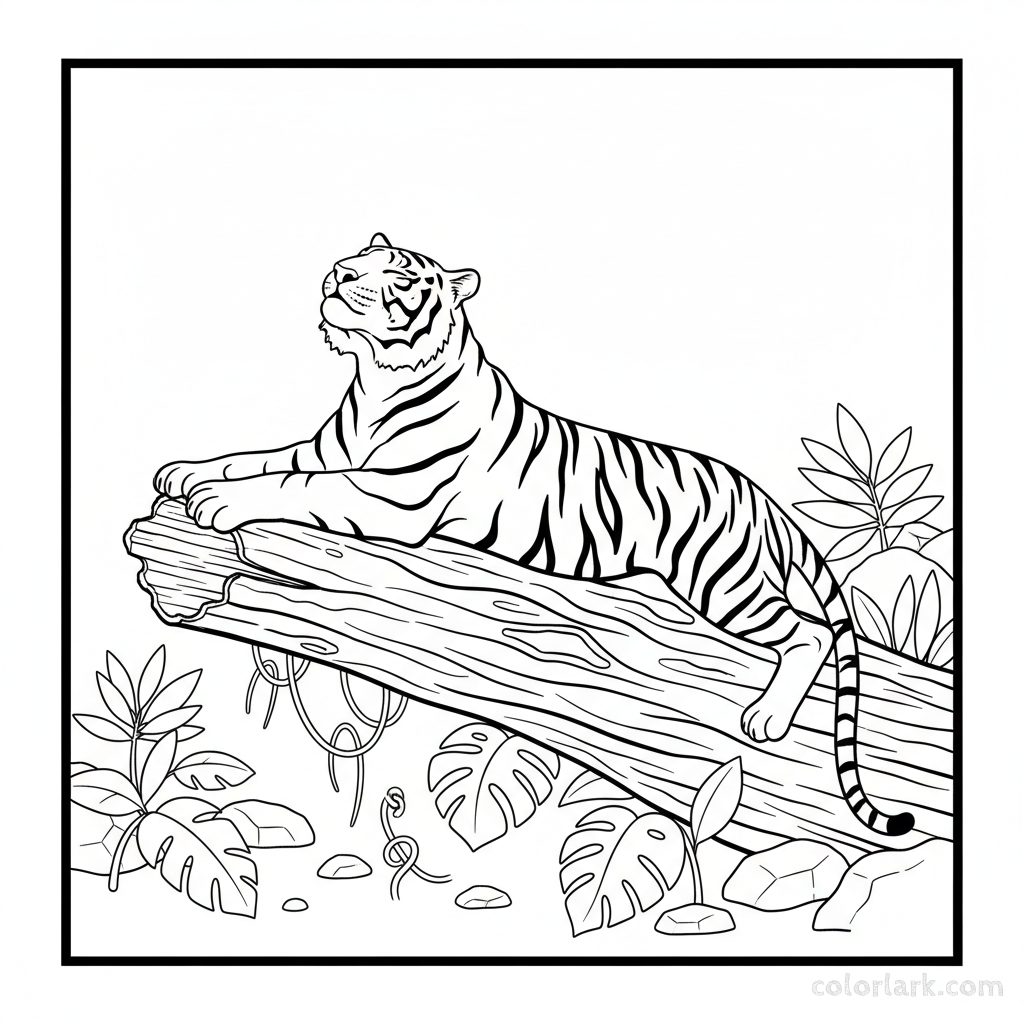 Indian tiger stretching on fallen log coloring page