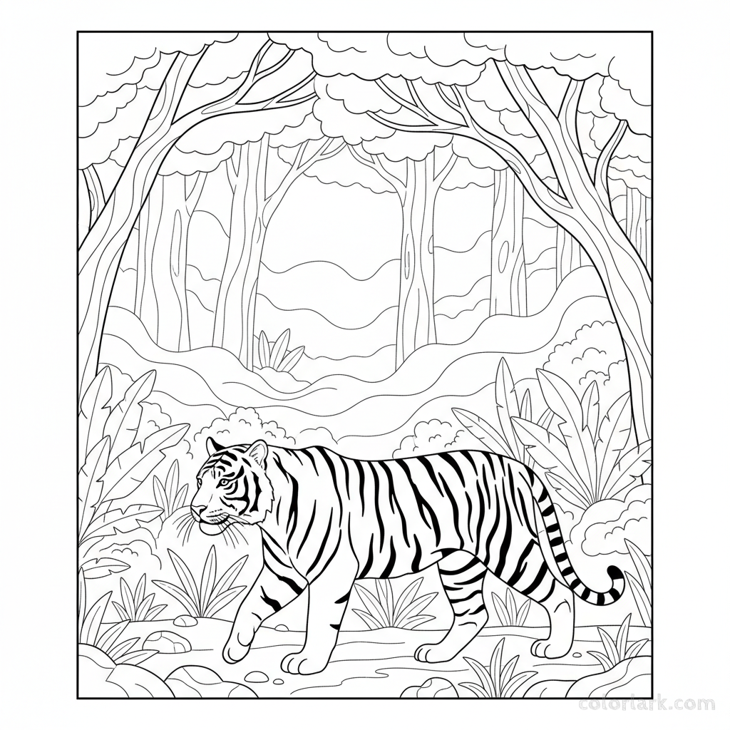 Coloring page of an Indian tiger walking through a misty jungle morning.