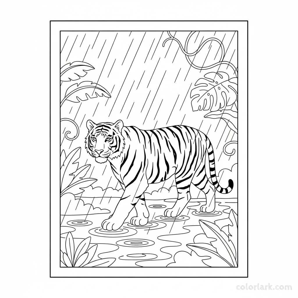 Indian tiger walking through rain and puddles coloring page for kids.