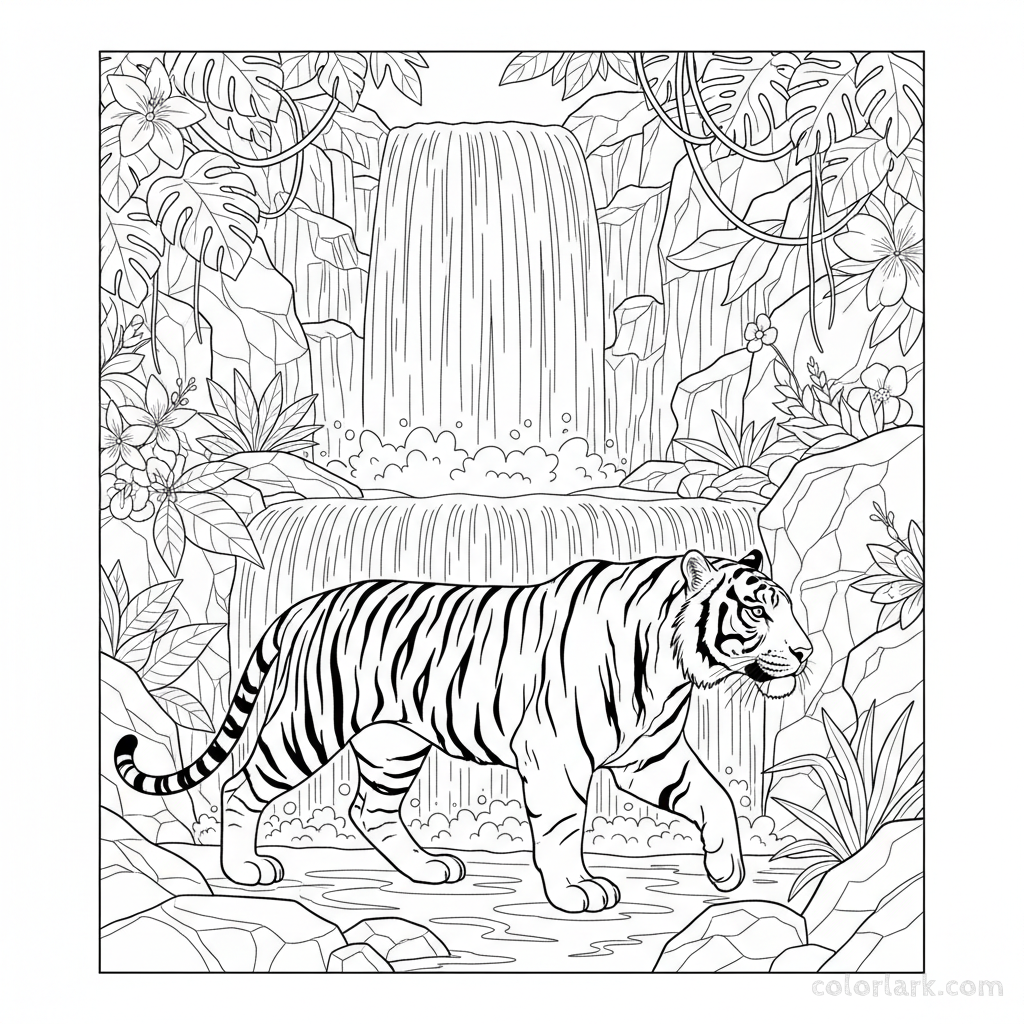 Free printable Indian Tiger walking towards jungle waterfall coloring page.