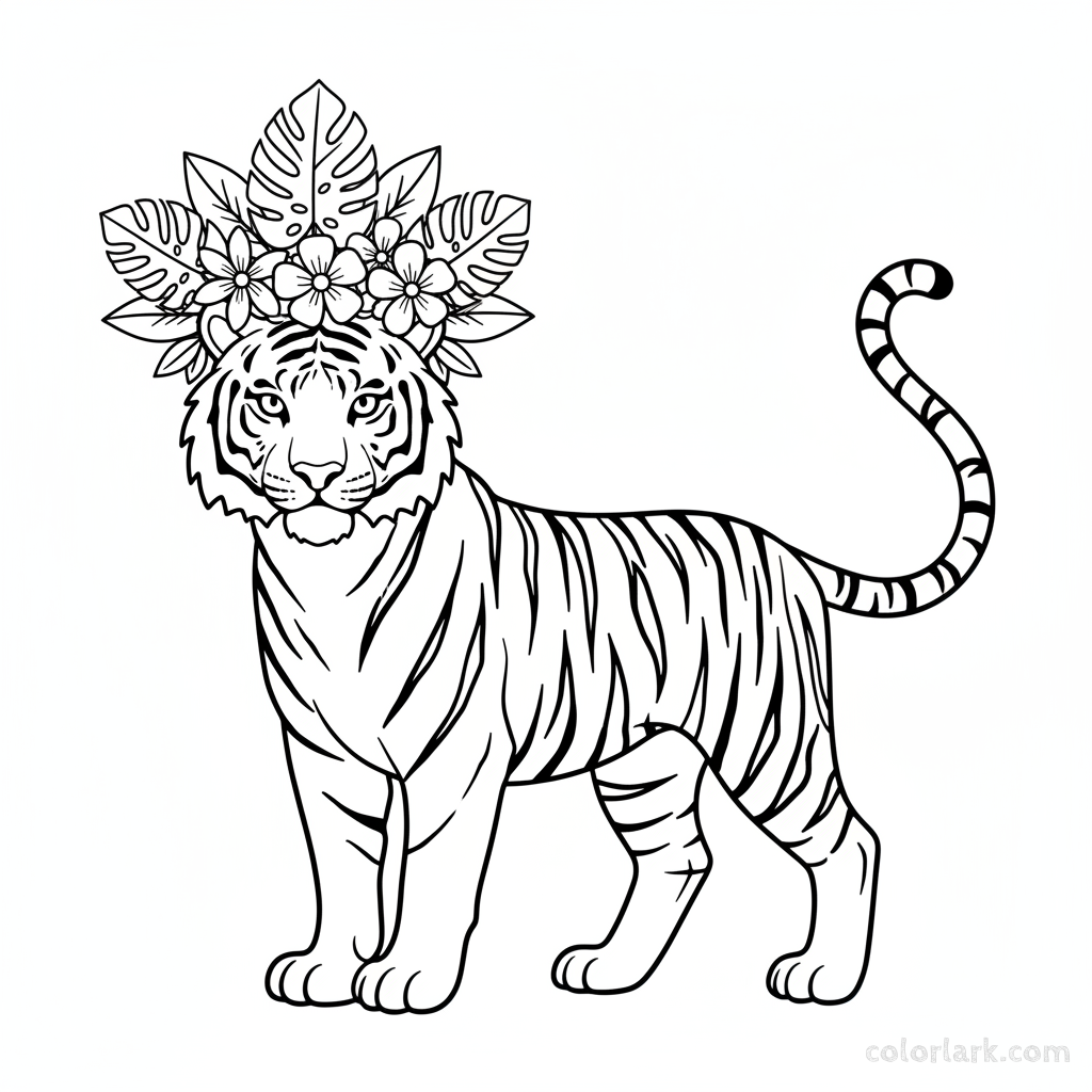 Indian tiger with crown of jungle flowers, free printable coloring page