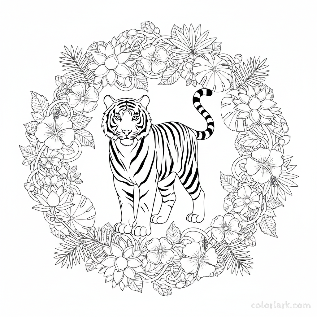 Indian tiger with floral jungle border coloring page