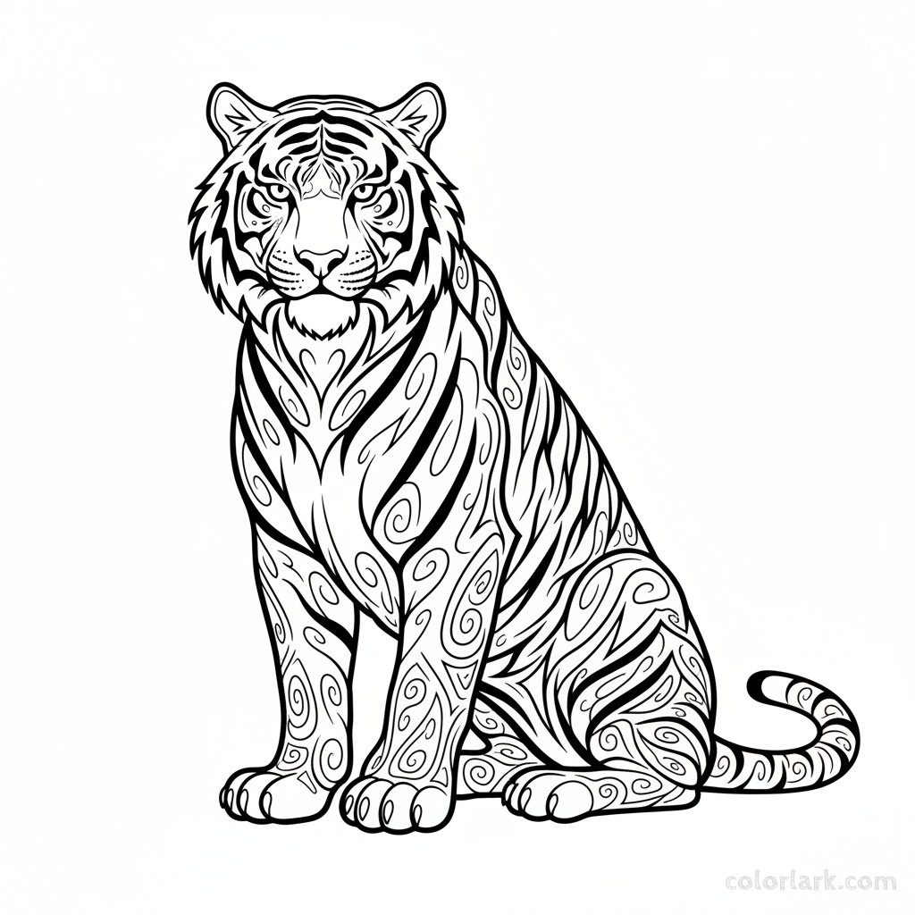Free printable Indian Tiger coloring page with intricate tribal patterns.